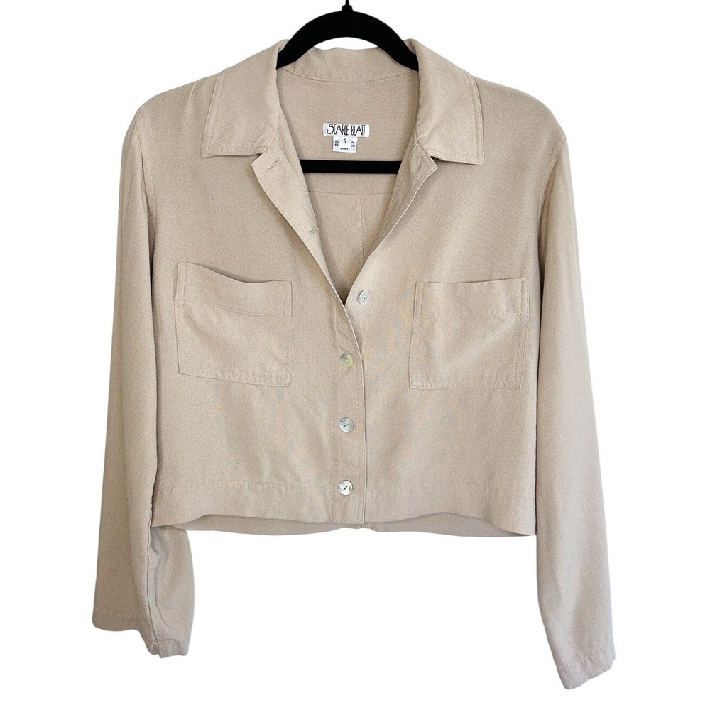 Vintage Boxy Cropped Tan Button Up Shirt Jacket Small Minimalist Capsule Neutral